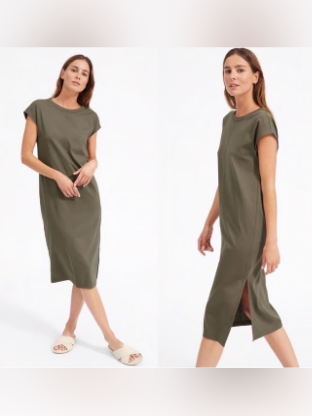 Everlane The Luxe Cotton Side-Slit Tee Dress in Olive